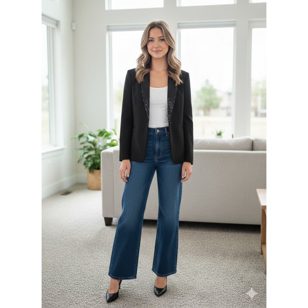 Bob Mackie Studio Blazer Womens 6 Black Tuxedo Sequin Lapel Formal Party Jacket